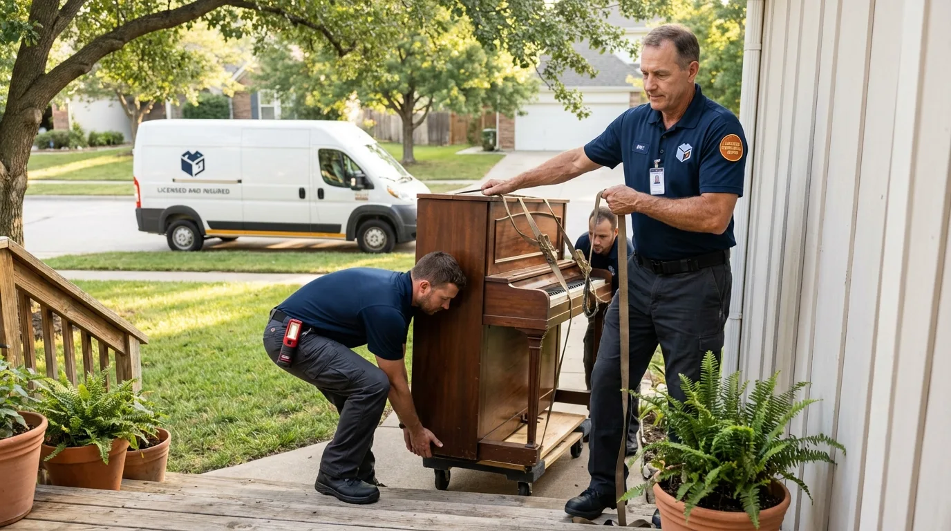 Licensed piano movers securing grand piano in Livonia, MI