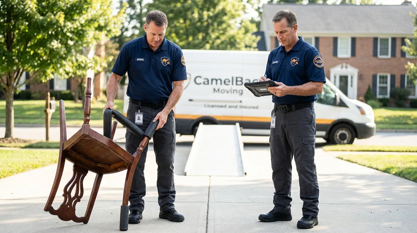 Movers inspecting furniture for damage prevention before loading in Livonia, MI