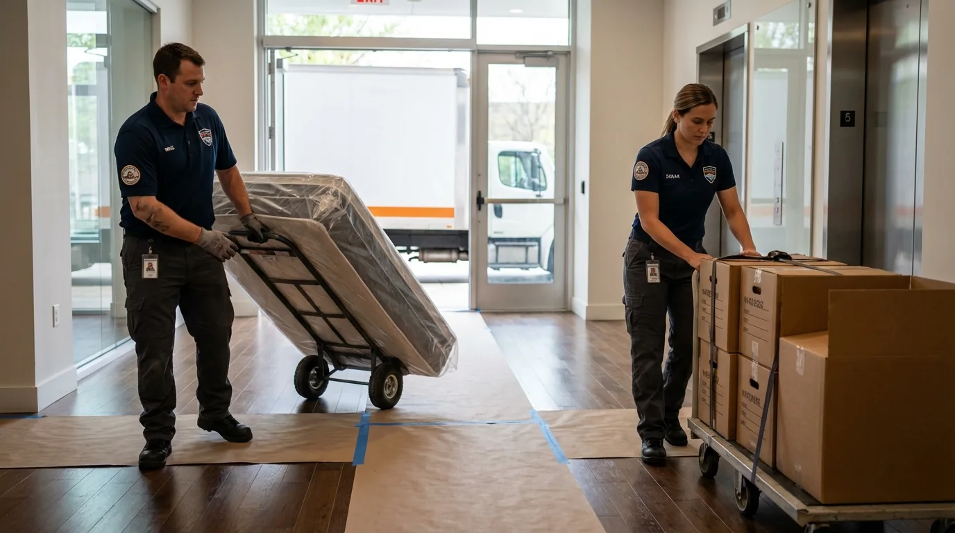 Professional apartment movers loading elevator in Livonia, MI